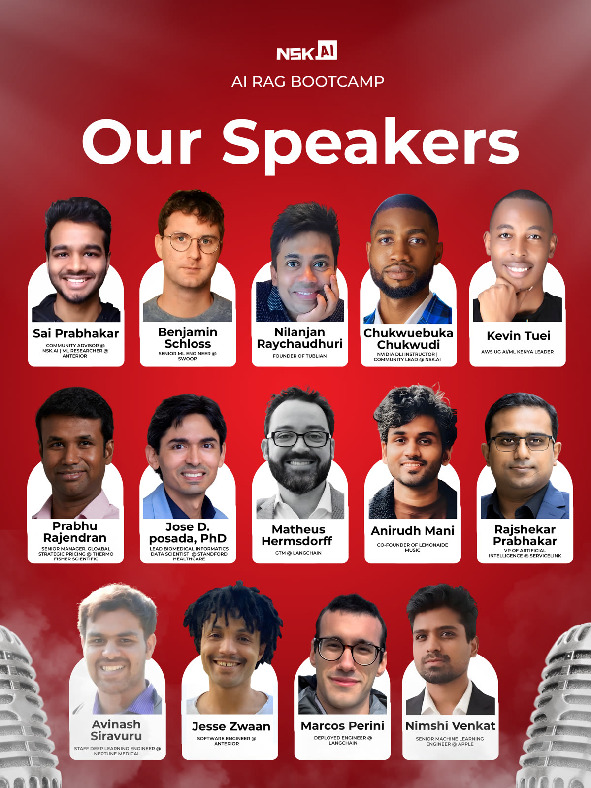 Our speakers — the fourteen practitioners who taught the 2025 RAG and AI Agents Bootcamp